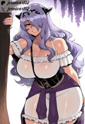 1girl ai_generated alternate_costume artist_name bare_shoulders breasts camilla_(fire_emblem) cleavage clothes_around_waist clothing collarbone curvy dress female fire_emblem fire_emblem_if frilled_dress frills grin hair_over_one_eye horns huge_breasts jennieart02 large_breasts long_hair looking_at_viewer nail_polish off_shoulder official_alternate_costume patreon patreon_logo patreon_username purple_eyes purple_hair purple_nails red_eyes see-through smile solo strap_between_breasts sweat sweater sweater_around_waist thick_thighs thighs tiara tree twitter twitter_username very_long_hair watermark wavy_hair white_dress wide_hips