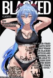 1girl ai_generated anime basicallynomore black_panties black_sports_bra blacked blacked_clothing female ganyu_(genshin_impact) looking_at_viewer pubic_tattoo qos qos_clothing qos_tattoo queen_of_spades queen_of_spades_symbol queen_of_spades_tattoo sportswear tattoo tattoos text white_skin