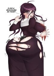 1girls ass big_ass big_breasts breasts danganronpa danganronpa:_trigger_happy_havoc danganronpa_ultra_despair_girls from_behind fukawa_touko glasses huge_ass huge_breasts large_breasts long_hair long_sleeves looking_at_viewer looking_back purple_eyes purple_hair solo tearing_clothes torn_clothes torn_dress torn_legwear torn_shirt torn_skirt white_background z0mbedz