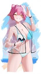 1girls animal_ears big_breasts bikini breasts female female_only grin hi_res hololive hololive_english light-skinned_female light_skin looking_at_viewer medium-haired_female medium_hair pink-haired_female pink_hair raora_panthera solo standing striped_bikini_bottom swimsuit teeth teeth_showing vtuber wristband yellow-eyed_female yellow_eyes yureikaigan
