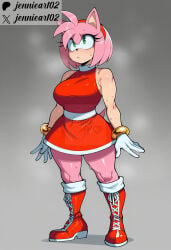 1girl ai_generated alternate_breast_size amy_rose animal_ears animal_nose anthro artist_name bare_shoulders blush boots bracelet breasts clothing cross-laced_footwear dress eulipotyphlan female footwear full_body furry furry_female gloves green_eyes grey_background hairband headwear hedgehog hedgehog_ears hedgehog_tail jennieart02 jewelry knee_boots lace-up_boots large_breasts patreon patreon_logo patreon_username pink_fur pink_hair red_dress red_footwear red_hairband short_dress short_hair sleeveless sleeveless_dress solo sonic_the_hedgehog_(series) standing sweat tail thick_thighs thighs twitter twitter_username watermark white_gloves