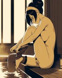 ai_generated avatar_the_last_airbender naked naked_female nipples nude nude_female onsen partially_submerged pubic_hair pussy toph_bei_fong undressing water