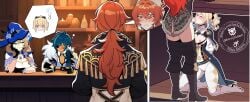 ai_generated blowjob blush breasts_out diluc_(genshin_impact) evening genshin_impact hidden_sex hornyskitarii jean_gunnhildr kaeya_(genshin_impact) lisa_(genshin_impact) self_upload tavern under_table