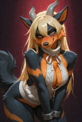 1girls ai_generated anthro_female blonde blonde_hair canid curved_horns dog_girl female generation_2_pokemon horns houndoom hybrid hybrid_pokemon long_hair original_character pokemon pokemon_(species) scorpianpp self_upload stable_diffusion straight_hair sunset_(scorpianpp) yellow_eyes yellow_hair