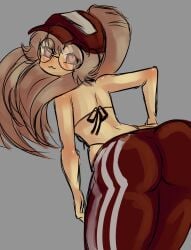 basic_background big_breasts blonde_hair blush bra female grey_background hair_up heart-shaped_pupils ponytail red_hat red_pants roblox roblox_avatar thong video_game_character video_games wide_hips