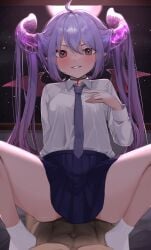 1girl ahoge ankle_socks black_choker blue_skirt breasts choker clothed_female_nude_male collared_shirt commentary_request covered_penetration cowpens_(azur_lane) cowpens_(milky_ministrations)_(azur_lane) crystal_horns demon_girl demon_horns demon_wings dress_shirt grin hair_bun hair_flowing_over highres horns implied_sex indoors light_particles long_hair long_sleeves looking_at_viewer loose_necktie necktie no_shoes nude original pleated_skirt pointy_ears pov pov_crotch purple_eyes purple_hair purple_necktie shirt side_up_bun sidelocks skirt small_breasts smile socks solo_focus squatting squatting_cowgirl_position teardrop-shaped_gem twintails v-shaped_eyebrows very_long_hair watermark wau_(nekokusa5) white_shirt white_socks wings