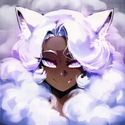 1boy ai_generated cairo_(farggothdur) cat_eyes catboy clouds color curly_hair cute dark-skinned_male dark_skin fang fang_out farggothdur femboy glowing_eyes glowing_hair hi_res highres hypnosis hypnotic_eyes hypnotizing_viewer large_hair long_hair nude purple_eyes seductive seductive_look seductive_smile simple_background smile white_background white_hair