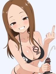 1boy 1girl absurdres alternate_breast_size_(larger) anime_coloring bar_censor bare_shoulders bikini black_bikini blacked_female blush breast_tattoo breasts brown_eyes brown_hair censored closed_mouth collarbone commentary_request cum ejaculation erection forehead grey_background grin halterneck handjob hetero highres karakai_jouzu_no_takagi-san long_hair looking_at_viewer medium_breasts middle_finger migikoba no_symbol_tattoo parted_bangs penis projectile_cum queen_of_spades_symbol race_fetishism race_fetishism_symbol sidelocks simple_background smile smug swimsuit takagi-san tattoo upper_body variant_set