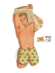 1boy armpit_hair bara bara_body bara_tiddies bara_tits barazoku beefy biceps big_bulge big_dick_energy bigger_male blush blushing boxers_(clothing) broad_shoulders bulge closed_eyes defined_muscles earrings erection_under_clothes exhibitionism flaccid flaccid_bigger frown frowning gay green_armpit_hair green_hair green_pubic_hair hairy hairy_legs hairy_male half-dressed half_naked half_nude handsome handsome_man hunk japanese_male lifting_shirt male male_focus male_only manly masculine masculine_male muscles muscular muscular_male one_piece pecs pectorals penis_bulge pirate post-timeskip pubic_hair roronoa_zoro scar scar_across_eye scar_on_chest scar_on_face scars shirt_up solo solo_focus solo_male tall_male taller_male tough_guy underwear yaoi