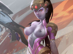 black_hair blue_skin bodysuit breasts breasts_out female gun head_mounted_display long_hair looking_at_viewer nipples overwatch p0rn88 ponytail solo tied_hair weapon widowmaker yellow_eyes