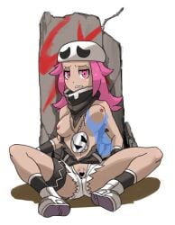 1girl bandana black_bandana blush breasts censored commentary_request female_pubic_hair hat jewelry medium_hair necklace newsboy_cap nipples pink_eyes pink_hair pokemon pokemon_sun_and_moon pubic_hair shorts simple_background skull_necklace takane_(lovehatsune) tank_top team_skull team_skull_grunt team_skull_grunt_(female) team_skull_uniform white_background white_hat