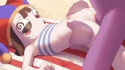 1boy animated beach_towel bikini bikini_top_only blush_stickers bottomless brown_hair censored clitoral_hood colored_skin female flat_chest hat jax jax_(tadc) jax_(the_amazing_digital_circus) jester_cap lying missionary mosaic_censoring navel non-web_source official_alternate_costume on_back peachyp penis pomni pomni_(tadc) pomni_(the_amazing_digital_circus) purple_skin pussy pussy_juice sand sex short_hair sound stomach_bulge straight striped_clothes striped_headwear swimsuit tagme the_amazing_digital_circus torso_grab towel vaginal_penetration video white_skin