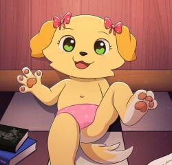 1girl anthro anthro_only belly_button bird_dog canid canine canis cub domestic_dog ella_(giggleland) female female_only floppy_ears giggleland green_eyes hair_bow looking_at_viewer male mascot_horror naked naked_male on_floor on_ground panties pawpads paws pink_panties yellow_body yellow_fur young young_anthro young_female younger_female zeklullaby