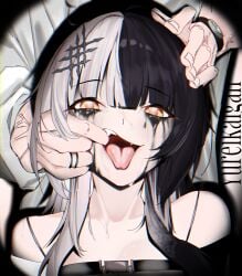 1boy 1girls black-haired_female black_hair clothed clothed_female clothed_male face_focus female female_focus femsub hi_res hololive hololive_english light-skinned_female light-skinned_male light_skin looking_at_viewer male maledom open_mouth ruined_makeup shiori_novella solo_focus tongue tongue_out two-tone_hair vtuber white-haired_female white_hair yellow-eyed_female yellow_eyes yureikaigan