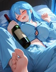 1girls ai_generated aqua_(konosuba) bed bedroom belly blue_hair drooling drunk feet foot_fetish foot_out_of_frame holding_bottle hugging_object kono_subarashii_sekai_ni_shukufuku_wo! large_breasts long_hair midriff nighttime open_mouth pijama self_upload sleeping smile soles stomach toes underboob wine_bottle