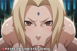 1boy 1girl :>= ai ai_art ai_generated blonde_hair blush breasts brown_eyes collarbone completely_nude facial_mark fellatio forehead_mark forest hetero large_breasts lips long_hair looking_at_viewer mature_female motion_lines naruto nature night nude oral outdoors penis pov pov_crotch short_eyebrows solo_focus speed_lines tree tsunade_(naruto) uncensored v-shaped_eyebrows veins veiny_penis