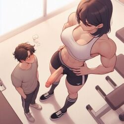 ai_generated arms_on_waist big_penis clothed clothing futa_on_male futadom futanari giantess gym gym_clothes gym_clothing gym_shorts gym_uniform height_difference large_penis larger_female larger_futa mini_giantess muscles muscular muscular_female penis size_difference smaller_male spalela tease teasing
