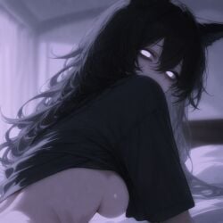 1girl ai_generated animal_ears bangs black_hair black_shirt breasts cat_ears clothes_lift curtains glowing glowing_eyes hair_between_eyes indoors long_hair looking_at_viewer medium_breasts shirt shirt_lift short_sleeves solo white_eyes
