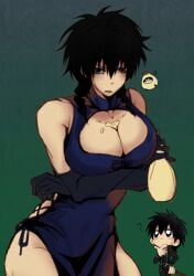 1boy 1girls alternate_body_type alternate_costume arms_crossed_under_breasts big_breasts black_gloves black_hair blush braided_hair braids china_dress chinese_clothes cleavage cleavage_cutout crossed_arms dual_persona elbow_gloves female female_focus genderswap_(mtf) gintama gloves hijikata_tenko hijikata_toshiro looking_at_viewer mayonnaise medium_hair rule_63 solo_focus twin_braids wide_hips