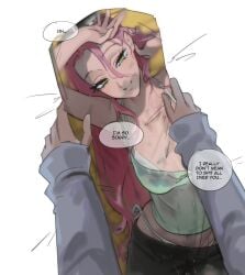 2girls after_masturbation alien_stage body_pillow camisole long_hair mizi_(alien_stage) pink_hair pussy_juice sua_(alien_stage) the_quipper yellow_eyes