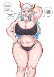 1girls belly blacked blacked_clothing chubby chubby_female dialogue earrings english_text hand_on_hip hoop_earrings horn horns light-skinned_female massive_breasts multicolored_hair muscular muscular_arms muscular_female one_piece raceplay solo solo_female solo_focus sports_bra thick_thighs thighs thunder_thighs venus_body yamato_(one_piece)