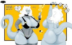 big_ass big_breasts big_thighs black_bra black_panties breasts_bigger_than_head cloud_hair gray_skin huge_breasts huge_thighs larger_female ref_sheet reference_sheet stretching tail unknown_artist voluptuous voluptuous_female white_hair womb_tattoo