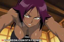 1girl ai ai_art ai_generated all_fours anime_coloring bent_over bleach blush breasts breath dark-skinned_female dark_skin from_below grin hanging_breasts heavy_breathing indoors large_breasts long_hair looking_at_viewer naughty_face nipples ponytail pov purple_hair shihouin_yoruichi smile solo sweat thigh_gap topless yellow_eyes yoga_pants