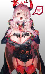 1girls absurdres blue_archive breasts coat coat_on_shoulders demon_girl demon_horns fangs female garter_straps halo heart highres horns hypnosis large_breasts long_hair looking_at_viewer mind_control miwerjooggetser paizuri_invitation pink_eyes pink_hair red_thighhighs satsuki_(blue_archive) simple_background solo spread_cleavage standing thighhighs thighs tusks