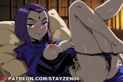1girl ai ai_art ai_generated ass barefoot black_leotard black_panties blue_cape blue_cloak blush breasts breasts_out cape cloak closed_mouth clothing_aside colored_skin forehead_jewel grey_skin hood hood_down hooded_cape hooded_cloak indoors large_breasts leg_up legs_up leotard leotard_pull looking_at_viewer lying medium_breasts nipples nose_blush on_back on_bed panties panty_pull pillow purple_eyes purple_hair pussy pussy_juice raven_(dc) short_hair smile solo sweat teen_titans uncensored underwear