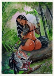 1girls alien_vs_predator asian asian_female ass big_ass big_breasts black_hair blood bra braided_hair breasts bubble_butt female female_only looking_back machiko_noguchi paag panties predator_(franchise) severed_head sitting spear tamiegadelha traditional_media_(artwork) weapon yautja
