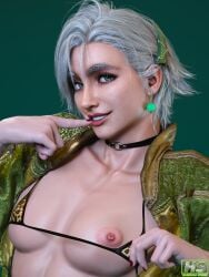 1boy 3d areolae bikini bikini_bottom bikini_top capcom clothed clothing erik_(monster_hunter_wilds) femboy femboy_only hagiwara_studio hair_ornament high_resolution highres jacket male monster_hunter monster_hunter_wilds short_hair tagme teasing white_hair