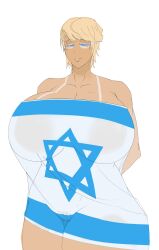 1girl 1girls big_boobs big_breasts blonde_hair blue_eyes cameltoe donald_trump genderswap_(mtf) gigantic_breasts highres huge_breasts israel israeli israeli_flag large_breasts looking_at_viewer massive_breasts parted_lips real_person rule_63 see-through sharkgirlslover short_hair tan_body tanline thick_thighs very_short_hair wide_hips