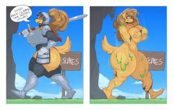 amelia_steelheart anthro anthro_female anthro_focus anthro_only arm_over_breasts armor armored armored_boots armored_female armored_gloves armour big_ass big_boobs big_breasts bodily_fluids boobs breastplate breasts canine cape cave cloud clouds cocky covered_breasts covered_nipples covered_pussy covering covering_breasts covering_crotch covering_nipples covering_privates covering_pussy covering_self dissolved_clothing dog dog_ears dog_girl dog_tail embarrassed embarrassed_expression embarrassed_female embarrassed_naked_female embarrassed_nude_female enf fat_ass female female_anthro female_focus female_only furry furry_female furry_only golden_retriever hand_covering_breasts hand_covering_pussy hand_on_hip hand_over_breast hand_over_breasts hand_over_crotch helmet huge_thighs knight knight_armor knight_girl knight_helmet large_ass large_boobs large_breasts large_thighs long_hair naked naked_anthro naked_female nanokindred nude nude_anthro nude_female outdoors outside panties plump_ass plump_thighs retriever side_view sign slime solo solo_anthro solo_female solo_focus speaking sweat sweatdrop sweating sweaty sweaty_ass sword tagme talking talking_to_self teeth teeth_showing teeth_visible the_simplifypm-verse thick_ass thick_thighs tits titties two_panel_image viewed_from_side voluptuous voluptuous_anthro voluptuous_body voluptuous_female walking white_border yellow_fur yellow_hair