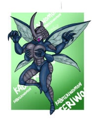 1girl artist_request big_breasts digimon digimon_(species) kabuterimon solo tongue_out wings