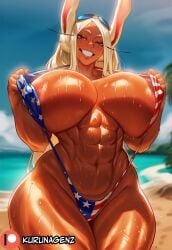 1girl 2026 2d abs absurd_res absurd_resolution absurdres ai_generated american_flag_bikini animal_ears areola_slip beach bikini blonde_hair blue_sky blurry blurry_background blush boku_no_hero_academia breasts collarbone covered_nipples curvy dark-skinned_female dark_skin day eyewear_on_head flag_print grin hi_res high_quality high_resolution highres huge_breasts image kurunagenz long_eyelashes long_hair looking_at_viewer mirko miruko muscular muscular_female my_hero_academia naughty_face navel nipples ocean one-piece_swimsuit outdoors parted_bangs patreon patreon_logo patreon_username print_swimsuit pulled_by_self rabbit_ears rabbit_girl red_eyes rumi_usagiyama shiny_skin sky slingshot_swimsuit smile solo stomach sunglasses sweat sweatdrop sweating sweaty sweaty_body swimsuit teeth thick_thighs thighs toned uncensured very_long_hair water watermark wet wet_body white_hair wide_hips
