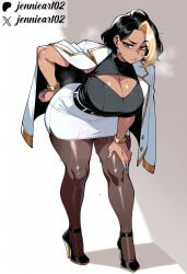 1girl ai_generated belt bent_over black_belt black_footwear black_hair black_pantyhose black_shirt blonde_hair blue_nails bracelet breasts brown_eyes brown_pantyhose cleavage cleavage_cutout clothing clothing_cutout coat_on_shoulders curvy dark-skinned_female dark_skin domina earrings female fingernails footwear full_body hand_on_own_hip hand_on_own_thigh high_heels huge_breasts jacket jacket_on_shoulders jennieart02 jewelry large_breasts leaning_forward looking_at_viewer mature_female miniskirt mole mole_on_breast mole_under_eye multicolored_hair nail_polish overwatch overwatch_2 pantyhose patreon patreon_logo patreon_username pencil_skirt shirt shoes short_hair skirt sleeveless solo streaked_hair sweat thick_thighs thighs twitter twitter_logo twitter_username two-tone_hair watermark white_jacket white_skirt