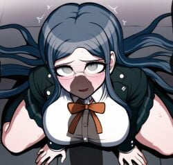 ai_generated big_breasts blue_hair clothed danganronpa danganronpa_v3 from_above glasses imminent_sex kneeling kneeling_on_ground penis_awe penis_shadow shirogane_tsumugi submissive_female thick_thighs