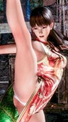 1girls 3d black_eyes black_hair chinese_clothes chinese_dress dead_or_alive dress female kicking lei_fang long_hair orange_dress panties pantyshot pantyshot_(kicking) underwear white_panties white_underwear