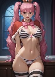 1girl ai_generated ass black_eyes bra breasts cameltoe female lingerie one_piece passion_ai perona pink_hair seductive sexy sexy_female standing stockings striped_panties