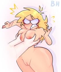 annoyed annoyed_female ass big_boobs big_breasts blonde_hair blushing boobs breast_squeeze breasts breasts_focus butt cartoon completely_nude completely_nude_female curvy curvy_female eyelashes female_focus grabbing_another's_breast grabbing_breasts hands_on_breasts male/female medium_hair naked naked_female nipples nipples_touching nude nude_female oc ocs original original_character pussy pussy_exposed squeezing_breast surprised thick_ass white_background