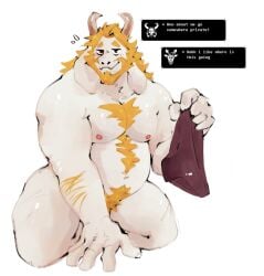 2boys asgore_dreemurr bara beard belly biceps black_male_underwear blonde_hair blush closed_mouth completely_nude convenient_censoring deltarune english_commentary english_text facial_hair floppy_ears furry furry_male highres hirakie1 holding holding_underwear holding_unworn_clothes looking_at_viewer male_focus male_underwear multiple_boys navel nipples nude pectorals plump rudolph_holiday smile underwear utdr_(toby_fox) video_game_dialogue_box white_background yaoi