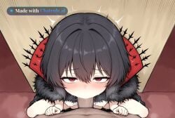 1girl ai_assisted ai_generated back_against_wall balls_deep black_hair deep deepthroat dominated face_fuck facing_viewer hands_tied_above_head high_quality highres petite_body pov red_eyes ripped_clothes short_hair sitting_on_knees skinny small_breasts small_tits tiny_tits young