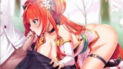 1girl animated apple_candy_(sugar_conflict) ass blowjob bottomless bouncing_breasts breasts clothed game_cg gif hair_ornament hanging_breasts japanese_clothes kimono large_breasts long_hair low_twintails nipples open_clothes open_kimono penis red_hair sugar_conflict_x tied_hair twintails uncensored