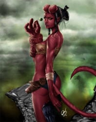 1girls 2015 ass big_ass black_hair dark_horse demon demon_girl female genderswap genderswap_(mtf) gun hellboy hellboy_(series) jean_shorts red_skin solo tagme_(artist)