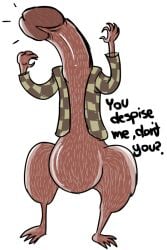 1boy 2d balls character_request digital_media_(artwork) english_text erection foodfight! humor isabellaprice male male_only penis penis_body solo text unusual_genitalia_placement unusual_penis_placement weasel weird what year_request