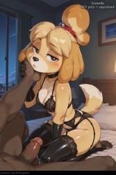 1boy 1girl ai_generated animal_crossing animal_ears black_bra black_choker black_gloves black_panties black_thighhighs blonde_hair blush bra breasts choker cleavage dog_ears dog_girl dog_tail elbow_gloves furry furry_female furry_with_non-furry garter_belt gloves hair_ornament hetero indoors interspecies isabelle_(animal_crossing) looking_at_viewer male_pubic_hair on_bed panties panzglard penis sitting solo_focus tail thighhighs toeless_legwear uncensored underwear veins veiny_penis window