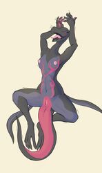 anthro blush bodily_fluids breasts female genitals hi_res narley nintendo nipples nude open_mouth pokémon_(species) pokemon pokemon_(species) pussy salazzle simple_background smile solo video_games