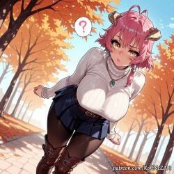 1girl 2026 ? ai_generated anime antenna_hair autumn autumn_leaves bangs belt blue_skirt blue_sky blush boobs boots breasts brown_footwear cleavage crossover day demon_horns dutch_angle earrings eye_contact female female_focus flushed highres horns huge_breasts jewelry kyonyuu_fantasy large_breasts leaf leaning_forward leather_boots long_sleeves looking_at_viewer miniskirt mole mole_under_eye necklace nsfw outdoors pantyhose parted_lips patreon pink_hair pleated_skirt pointy_ears ribbed_sweater rognezart shamsiel shamsiel_shahar short_hair skirt sky solo spoken_question_mark standing stockings sweater thigh_boots thighhighs tree turtleneck turtleneck_sweater watermark web_address white_sweater yellow_eyes
