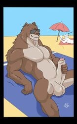 balls beach bedding biceps big_balls big_penis blanket canine eatmybuns ejaculation eyewear fingers fur lying male_only mammal masturbation musclegut muscular nipples partially_retracted_foreskin penis precum seaside solo sunglasses text umbrella uncut wolf