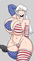 1girls american_flag american_flag_bikini american_flag_legwear anger_vein artist_request bikini breasts cleavage collarbone curvy elbow_gloves flag_print gloves huge_breasts long_hair print_bikini skindentation solo_focus star_(symbol) star_print swimsuit thick_thighs thighhighs thighs trembling underboob white_hair